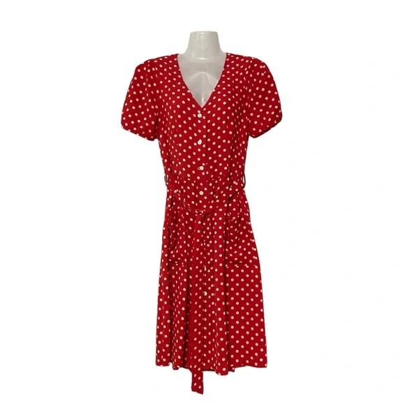 Eva Rose Short Sleeve Polka Dot Belted Dress with Pockets Red